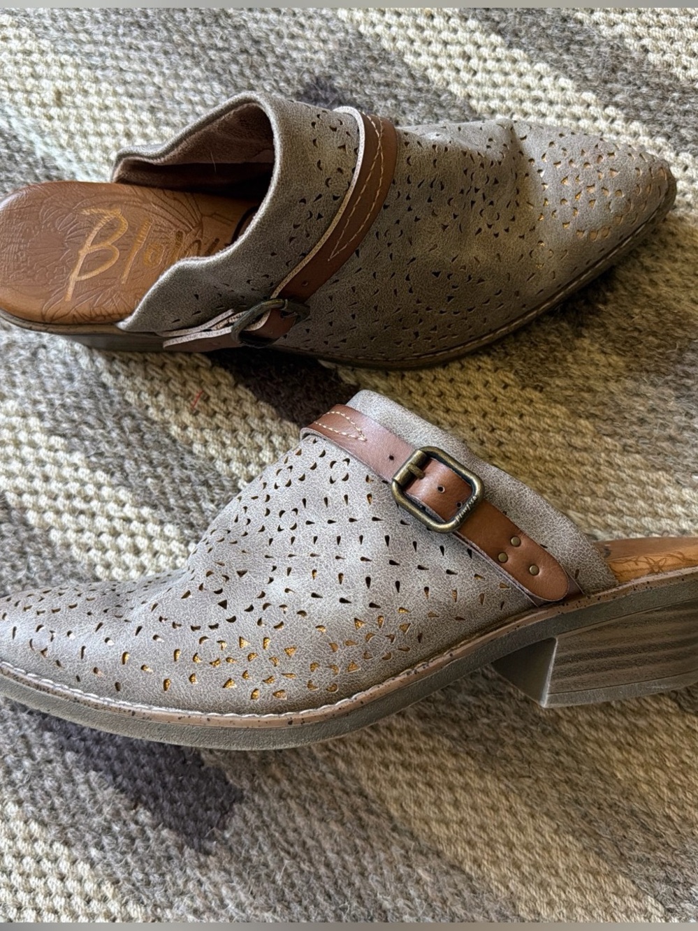 Blowfish Taupe Perforated Mule with Brown Buckle